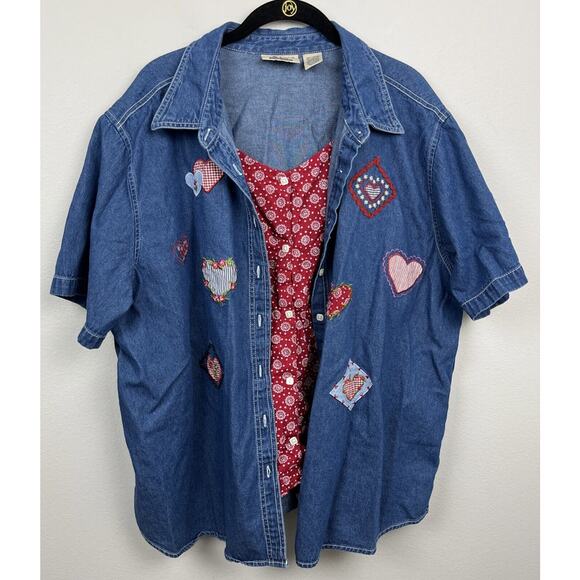 At Last Woman Size 22/24W Denim Button Up Shirt Hearts Embroidery Cottage Granny - Picture 1 of 13